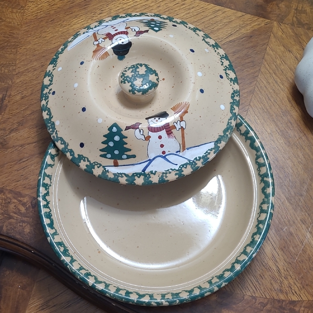 Festive Rustic Winter Snowman Ceramic Covered Dish with Lid